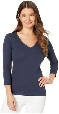 1x1 Rib 3/4 Sleeve V-Neck Top (Dark Navy) Women's Clothing