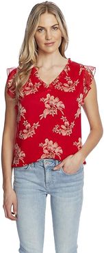 Flutter Sleeve V-Neck Lava Flower Bouquet Blouse (Cherry Rose) Women's Clothing