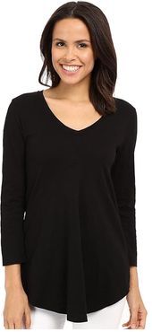 Slub Jersey 3/4 Sleeve V-Neck Tunic (Black) Women's Blouse