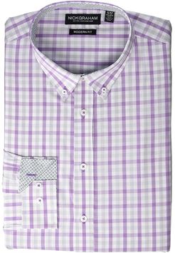 Plaid Print CVC Yarn-Dye Dress Shirt (Purple) Men's Long Sleeve Button Up