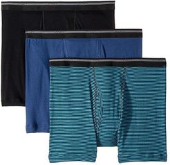 100% Cotton Classic Knits Full Rise Boxer Brief 3-Pack (Black/Suitable Stripe Teal/Rich Blue) Men's Underwear