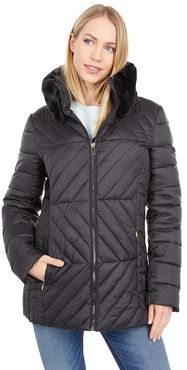 Short Mixed Stitch Fitted Puffer Jacket (Black) Women's Clothing