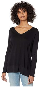 V-Neck Long Sleeve Rib Top in Lightweight Jersey (Black) Women's T Shirt