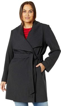 Plus Size Drape Front Belted Coat (Charcoal) Women's Coat