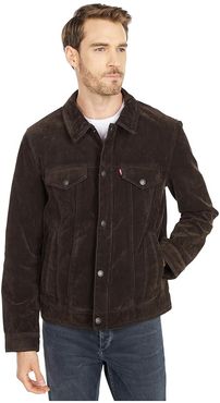 Faux Suede Classic Trucker Jacket (Dark Brown) Men's Clothing