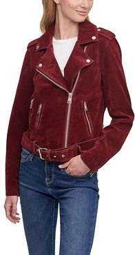 Faux Suede Moto Jacket with Belt (Red) Women's Clothing
