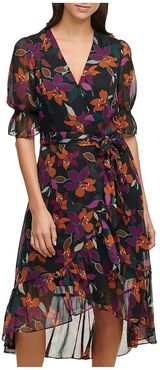 Print Faux Wrap Hi-Low Dress (Coffee Combo) Women's Clothing