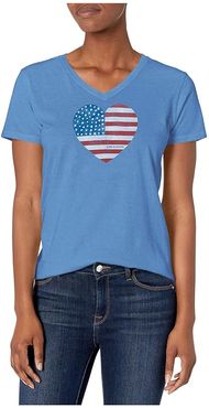 Watercolor Flag Heart Crusher Vee (Vintage Blue) Women's Clothing