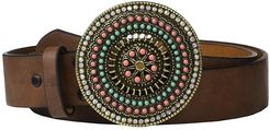 Classic Strap Multi Stone Round Buckle Belt (Brown) Women's Belts