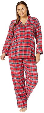 Plus Brushed Twill Long Sleeve Notch Collar Long Pants Pajama Set (Red Plaid) Women's Pajama Sets