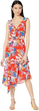 Bouquet Floral Silk Crepe De Chine Alexis Dress (Red Multi) Women's Clothing