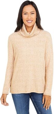 Fuzzy Flecked Fleece Cowl Neck Tee (Honey) Women's Clothing