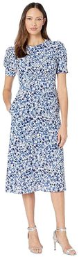Printed Scuba Crepe Fit-and-Flare Dress w/ Novelty Sleeve (Blue Multi) Women's Dress