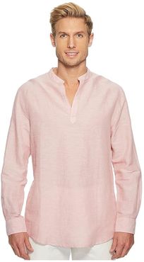 Long-Sleeve Solid Linen Cotton Popover Shirt (Himalayan Pink) Men's Clothing