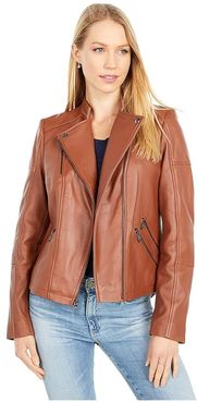 Leather Moto Jacket (Cognac) Women's Clothing