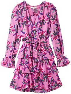 Lettie Tiered Long Sleeve Belted Mini Dress (Pink Birds of Paradise) Women's Dress