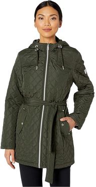 Belted Hooded Quilted Jacket V10702-ZA (Basil) Women's Clothing