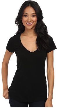 Slub S/S V-Neck (Black) Women's Short Sleeve Pullover