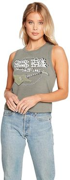Cheap Trick: Tour 1982 Linen Rib Cropped Muscle Tank Top (Safari) Women's Clothing