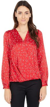 Long Sleeve Wrap Front Brisk Dots Blouse (Spiced Red) Women's Clothing