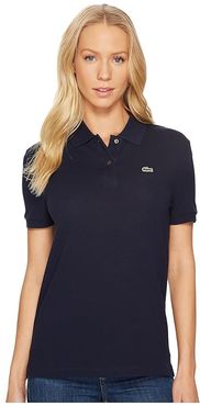 Short Sleeve Two-Button Classic Fit Pique Polo (Navy Blue) Women's Clothing