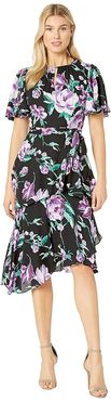 Flutter Sleeve Printed Chiffon Tiered Floral Dress (Black/Purple/Green) Women's Dress