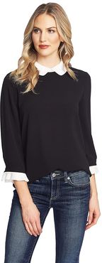 3/4 Pleated Sleeve Peter Pan Collared Blouse (Rich Black) Women's Clothing