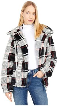 Minky Plaid Zip-Up Super Soft Faux Fur Jacket (Black/Natural/Red) Women's Clothing