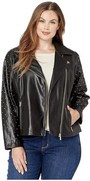 Plus Size Moto Jacket with Stud Sleeve (Black) Women's Coat