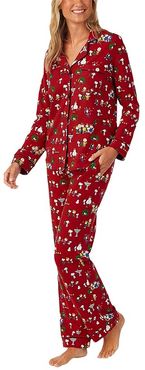 Long Sleeve Classic Notch Collar Pajama Set (Cotton Spandex) (Peanuts Winter Fun) Women's Pajama Sets