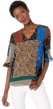 V-Neck Blouse with Poof Sleeve (Cobalt Multi) Women's Clothing