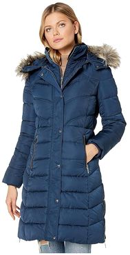 Faux Fur Hooded Chevron Parka (Peacock Blue) Women's Jacket