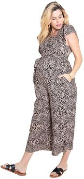 Maternity Flutter Sleeve Wide Leg Maternity Jumpsuit (Taupe/Leopard) Women's Jumpsuit & Rompers One Piece