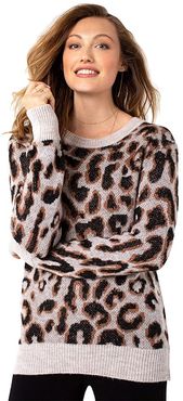 High-Low Crew Neck Sweater (Brown Leopard) Women's Clothing