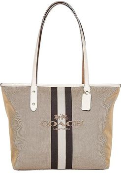 Horse and Carriage Jacquard City Tote (Khaki/Chalk/Gold) Handbags