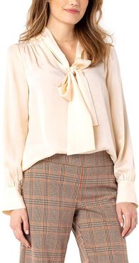V-Neck Long Sleeve Blouse with Neck Tie (Sand) Women's Clothing