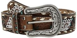 Turquoise Floral Overlay with Lace Edge Belt (Tan) Women's Belts