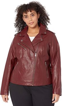 Plus Size Classic Asymmetrical Faux Leather Motorcycle Jacket (Cabernet) Women's Clothing