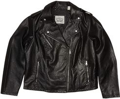 Plus Size Classic Asymmetrical Faux Leather Motorcycle Jacket (Black) Women's Clothing