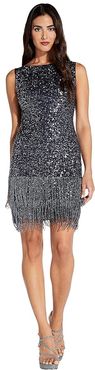 Sleeveless Fringe Beaded Cocktail Dress (Midnight) Women's Dress