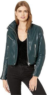 High Collar Vegan Leather Moto Jacket in Sky Walker (Green) Women's Clothing