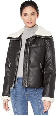 Faux Leather Puffer with Sherpa (Black/Cream) Women's Clothing