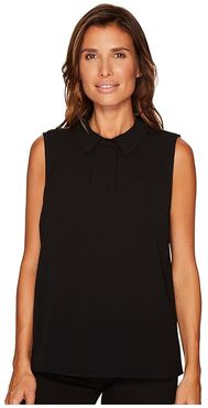 Sleeveless Textured Pleat Front Collared Blouse (Rich Black) Women's Blouse