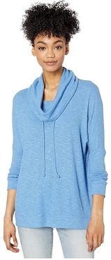 Textured Rib Knit with Cowl Neck (Sea Blue) Women's Clothing