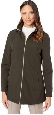 Rain Stand Collar Zip Front with Detachable Hood and Stitched Waist Detail (Loden) Women's Clothing