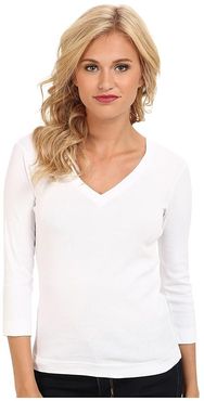 100% Cotton Heritage Knit 3/4 Sleeve Deep V-Neck (White) Women's Long Sleeve Pullover