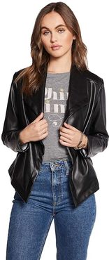 Matte Vegan Leather Long Sleeve Drape Front Jacket (Black) Women's Clothing