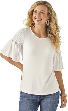 3/4 Sleeve Smock Shoulder Knit (White) Women's Clothing