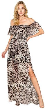 Cheetah Printed Off-the-Shoulder Maxi Dress with Smocking Detail At the Bust (Brown Multi) Women's Clothing