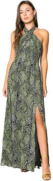 Olive Snake Printed Maxi Dress with Halter Tie Neck (Olive/Black) Women's Clothing
